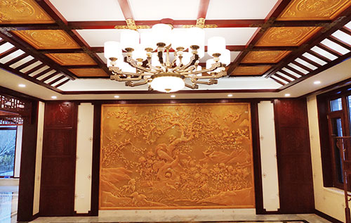 河源中式别墅客厅中式木作横梁吊顶装饰展示